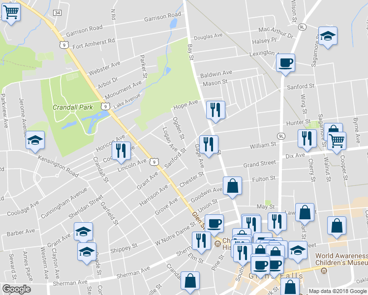 map of restaurants, bars, coffee shops, grocery stores, and more near 28 Sanford Street in Glens Falls
