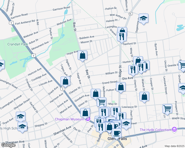 map of restaurants, bars, coffee shops, grocery stores, and more near 121 Bay Street in Glens Falls