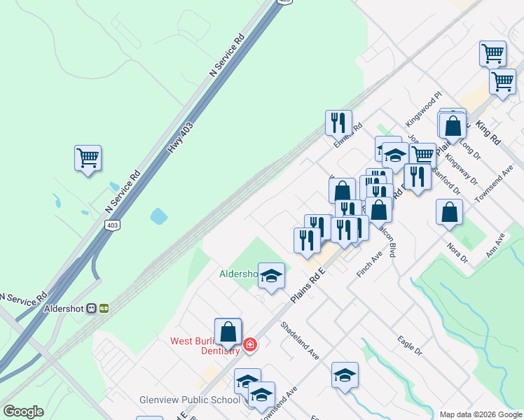 map of restaurants, bars, coffee shops, grocery stores, and more near 344 Enfield Road in Burlington