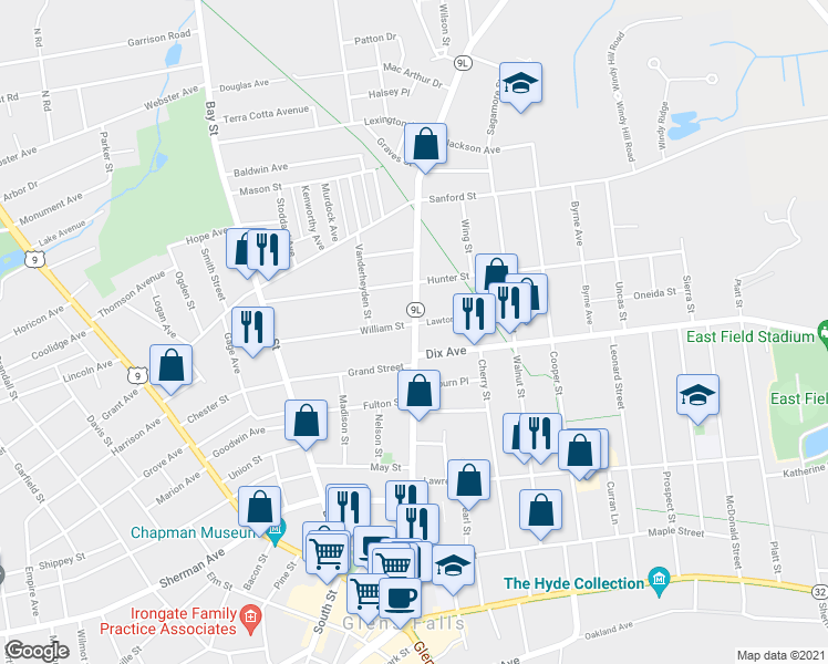 map of restaurants, bars, coffee shops, grocery stores, and more near 192 Ridge St in Glens Falls
