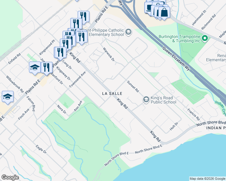 map of restaurants, bars, coffee shops, grocery stores, and more near 795 King Road in Burlington