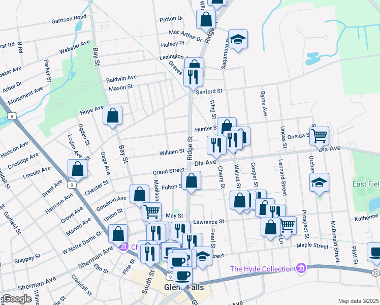 map of restaurants, bars, coffee shops, grocery stores, and more near 191 Ridge Street in Glens Falls