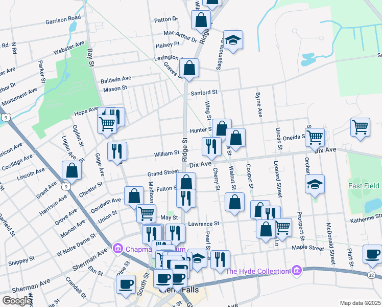 map of restaurants, bars, coffee shops, grocery stores, and more near 14 Lawton Avenue in Glens Falls