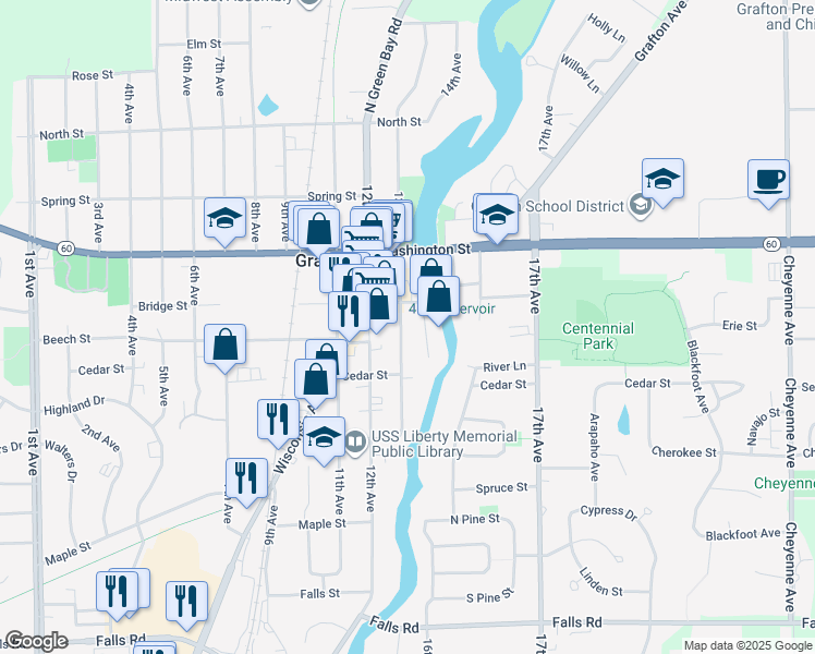 map of restaurants, bars, coffee shops, grocery stores, and more near 1401 Bridge Street in Grafton