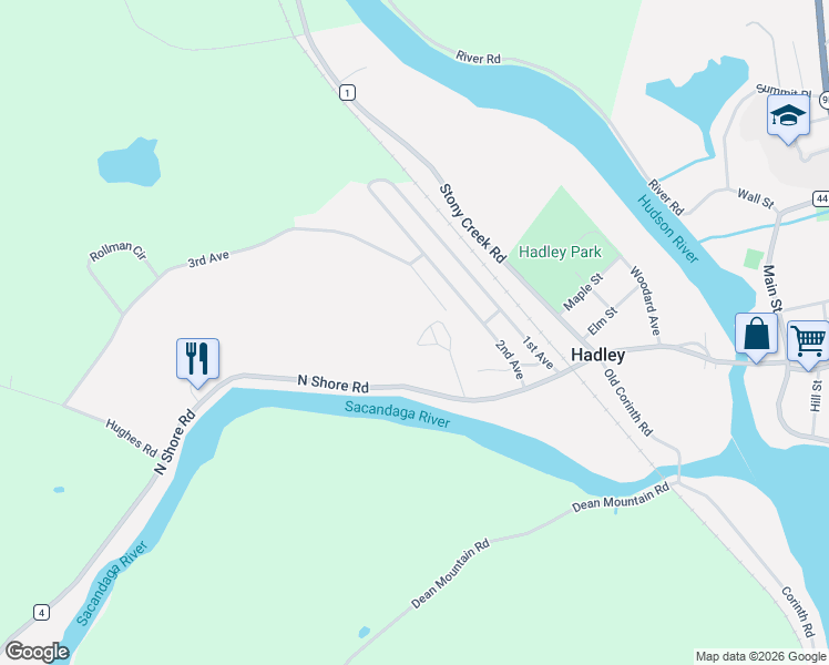 map of restaurants, bars, coffee shops, grocery stores, and more near 4059 Rockwell Street in Hadley