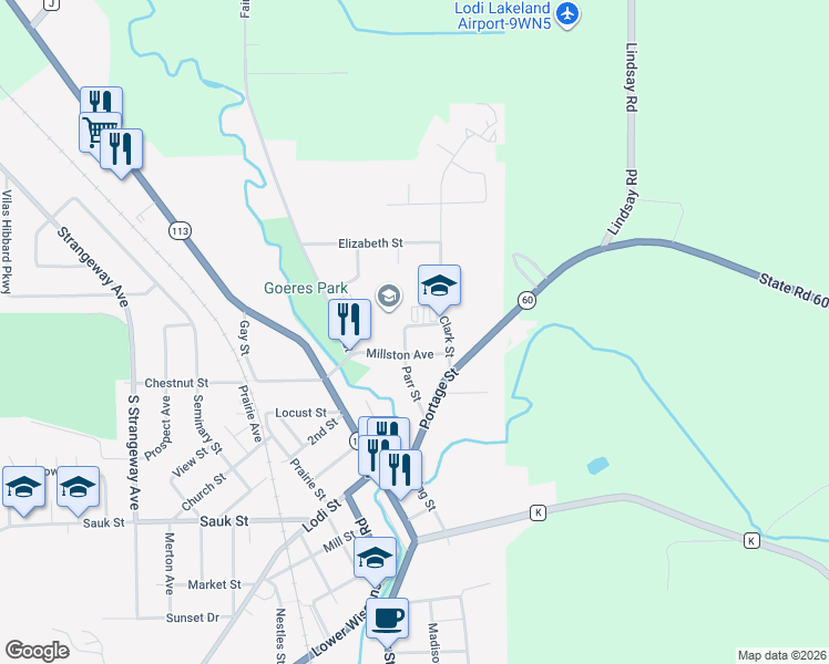 map of restaurants, bars, coffee shops, grocery stores, and more near 115 School Street in Lodi