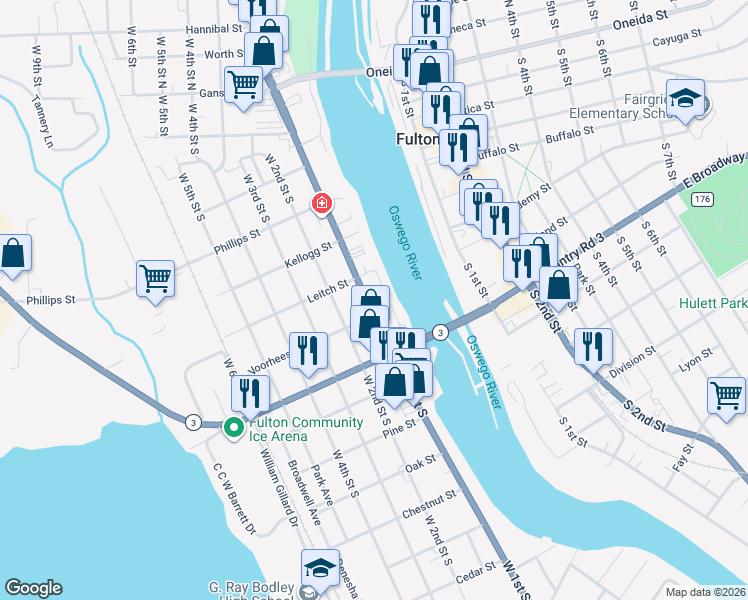 map of restaurants, bars, coffee shops, grocery stores, and more near 202 Riverside Avenue in Fulton