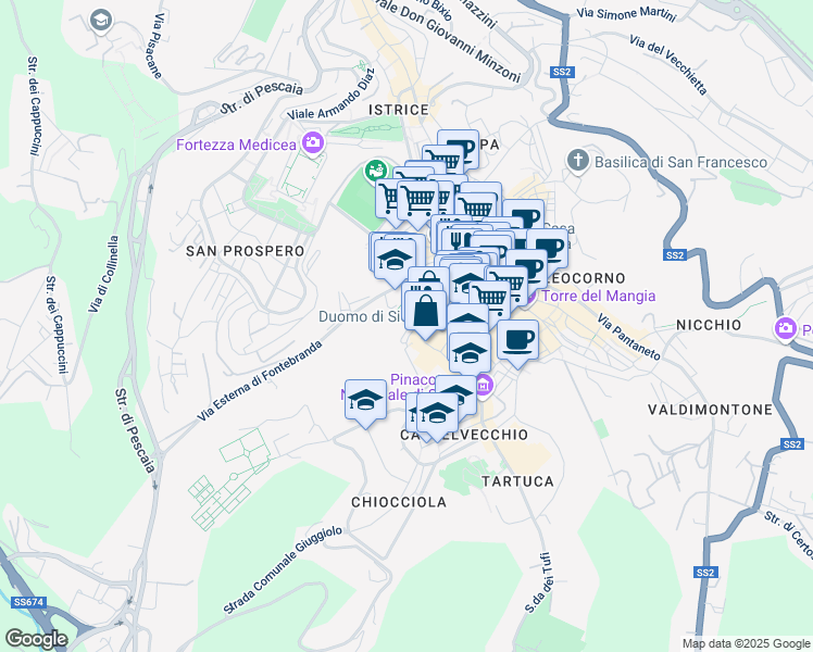map of restaurants, bars, coffee shops, grocery stores, and more near 5 Via Fusari in Siena