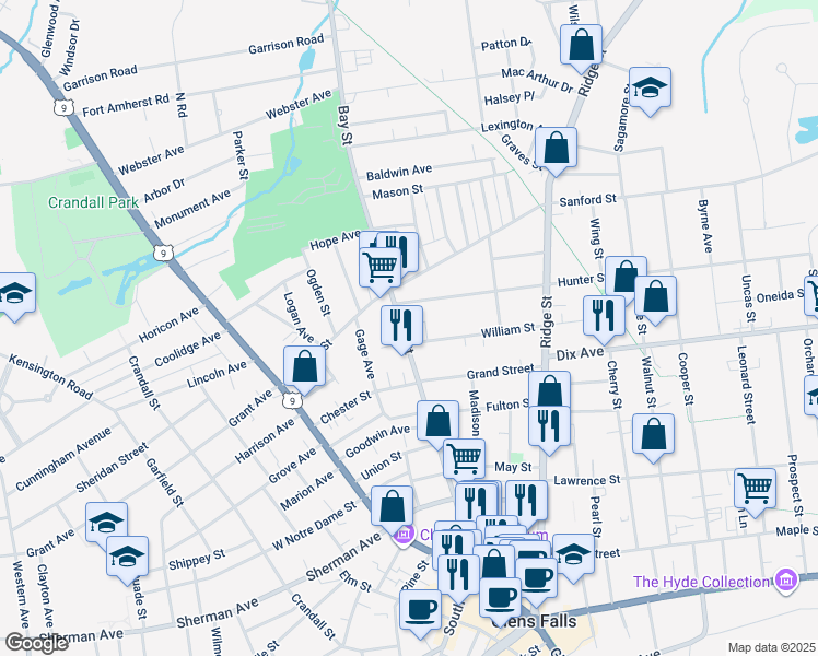 map of restaurants, bars, coffee shops, grocery stores, and more near 7 Hunter Street in Glens Falls