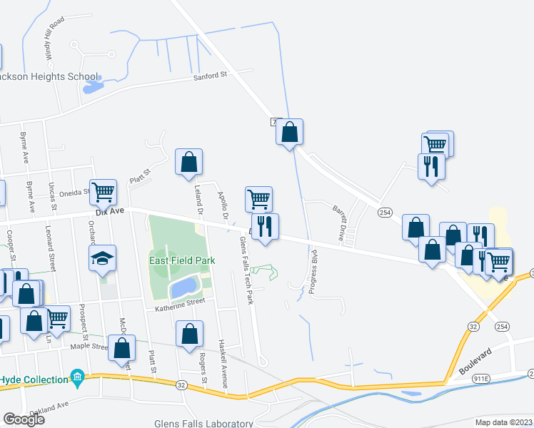 map of restaurants, bars, coffee shops, grocery stores, and more near 230 Dix Avenue in Glens Falls