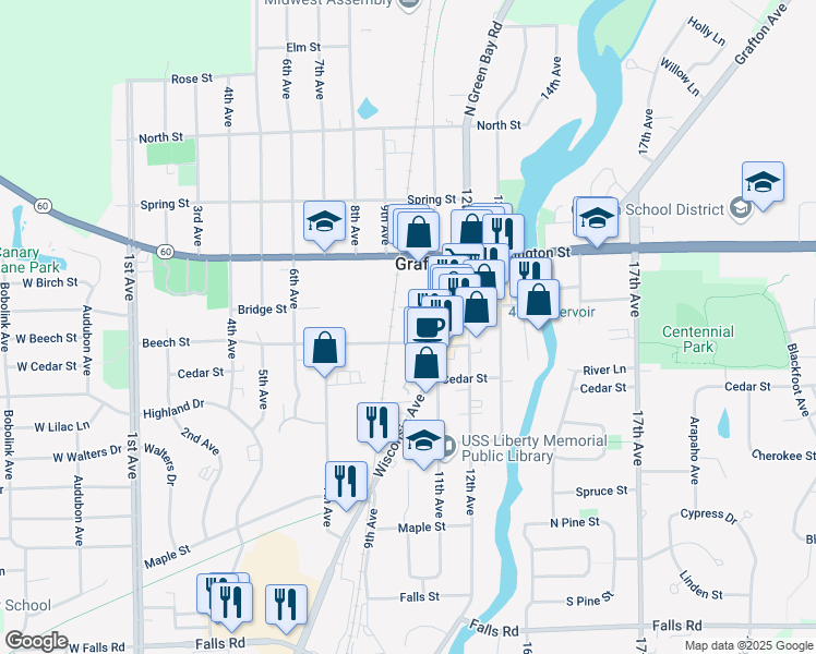 map of restaurants, bars, coffee shops, grocery stores, and more near 1002 Bridge Street in Grafton