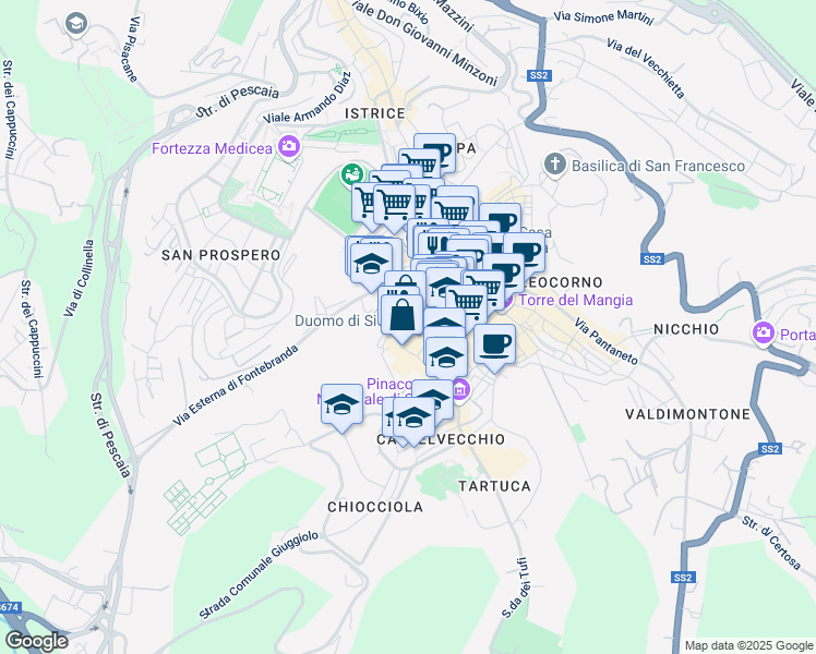 map of restaurants, bars, coffee shops, grocery stores, and more near 5 Via Fusari in Siena