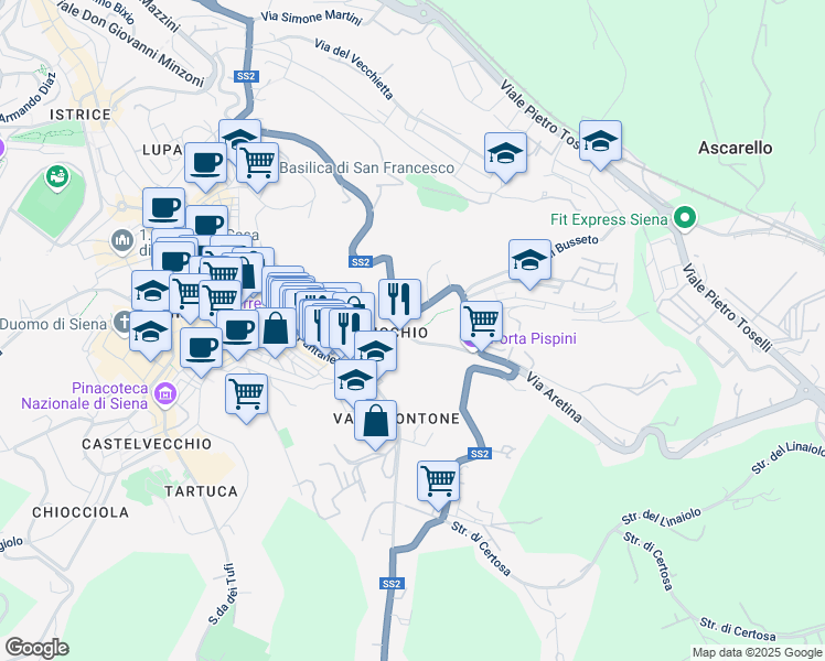 map of restaurants, bars, coffee shops, grocery stores, and more near Strada Regionale 2 in Siena