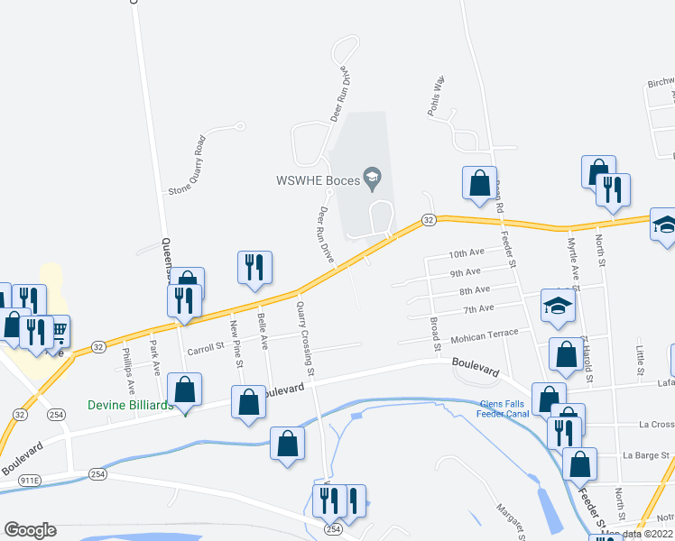 map of restaurants, bars, coffee shops, grocery stores, and more near Dix Avenue & Deer Run Drive in Hudson Falls
