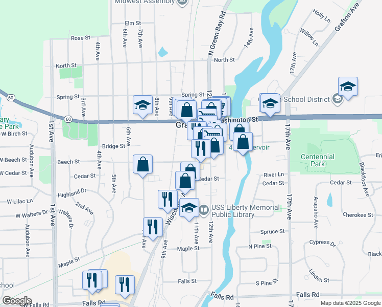map of restaurants, bars, coffee shops, grocery stores, and more near 1002 Bridge Street in Grafton