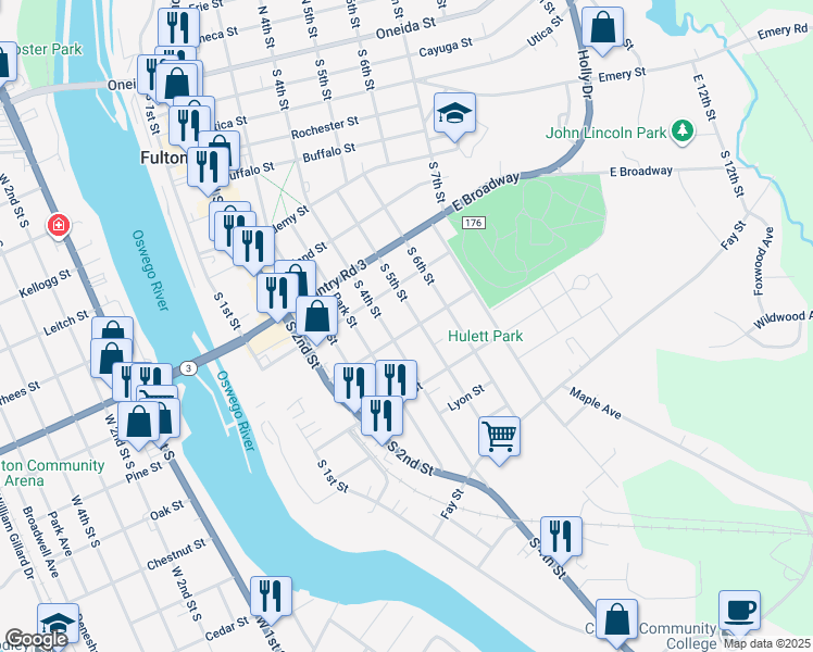 map of restaurants, bars, coffee shops, grocery stores, and more near 367 South 5th Street in Fulton