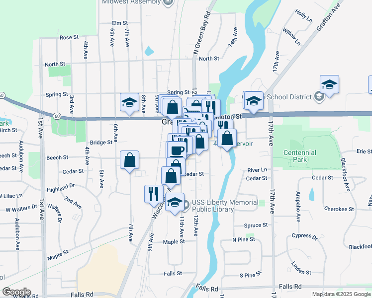 map of restaurants, bars, coffee shops, grocery stores, and more near 1108 Bridge Street in Grafton