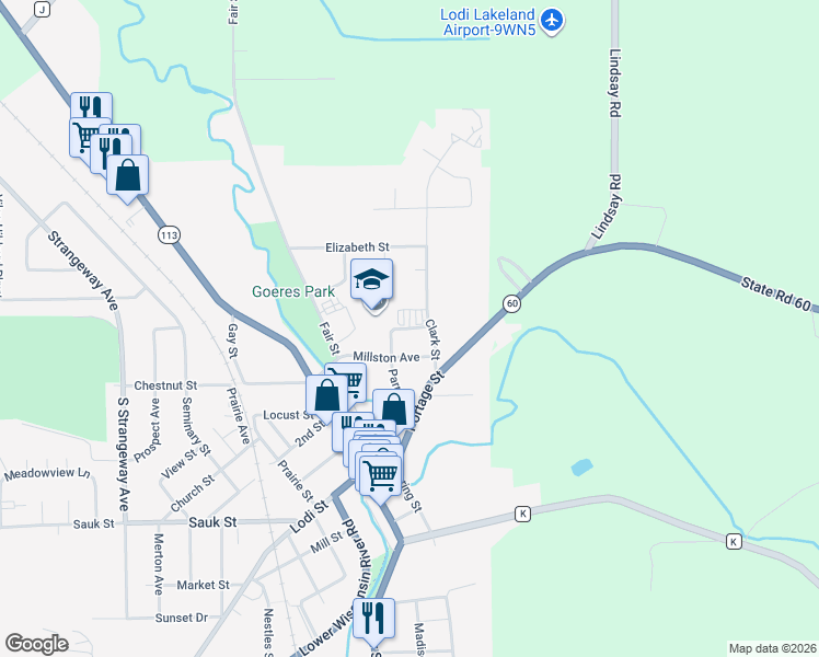 map of restaurants, bars, coffee shops, grocery stores, and more near 115 School Street in Lodi