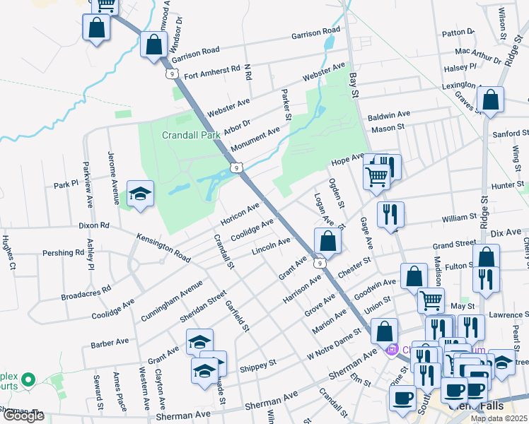 map of restaurants, bars, coffee shops, grocery stores, and more near 528 Glen Street in Glens Falls