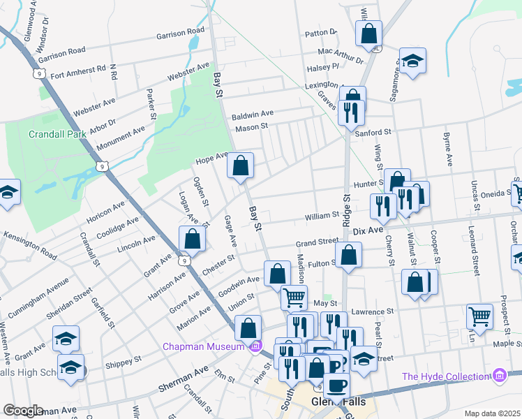 map of restaurants, bars, coffee shops, grocery stores, and more near 7 Hunter Street in Glens Falls