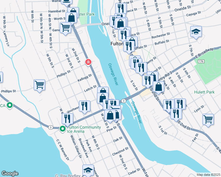 map of restaurants, bars, coffee shops, grocery stores, and more near 210 Riverside Avenue in Fulton