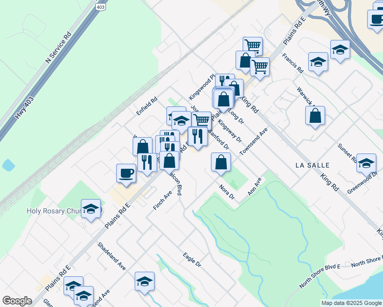 map of restaurants, bars, coffee shops, grocery stores, and more near 484 Plains Road East in Burlington