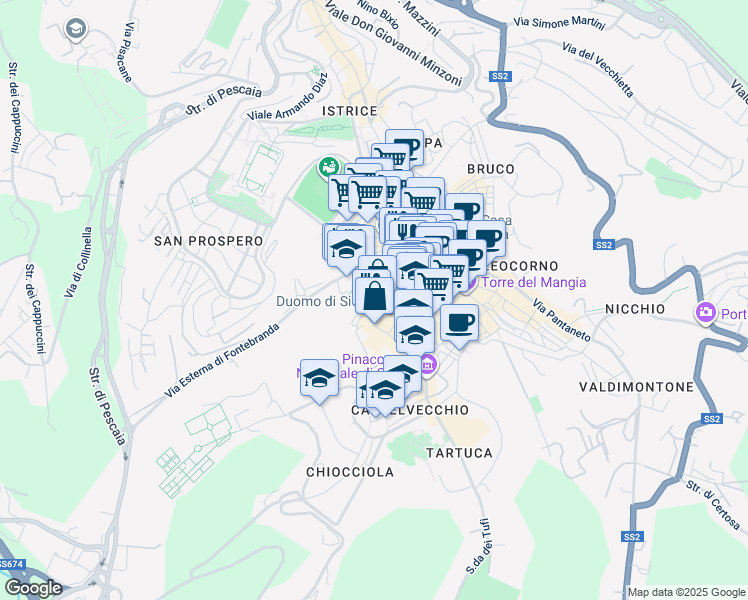 map of restaurants, bars, coffee shops, grocery stores, and more near 5 Via Fusari in Siena