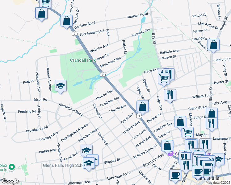 map of restaurants, bars, coffee shops, grocery stores, and more near 528 Glen Street in Glens Falls