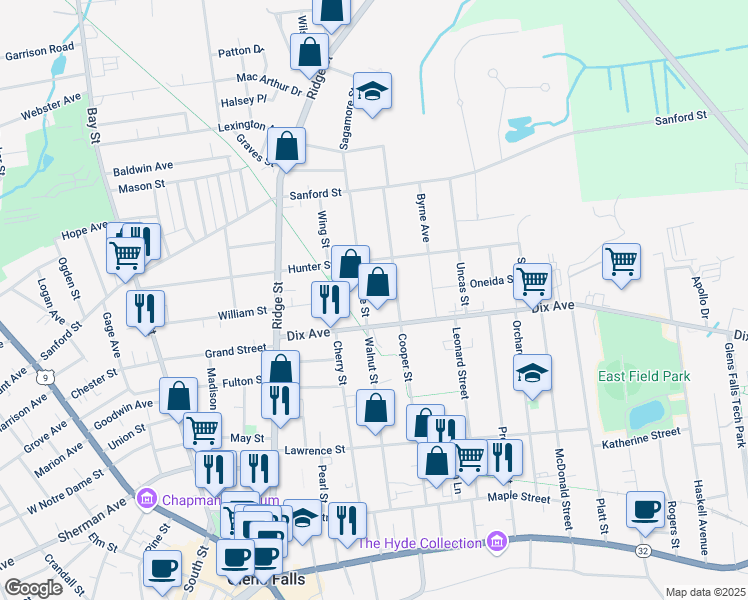 map of restaurants, bars, coffee shops, grocery stores, and more near 15 Sagamore Street in Glens Falls