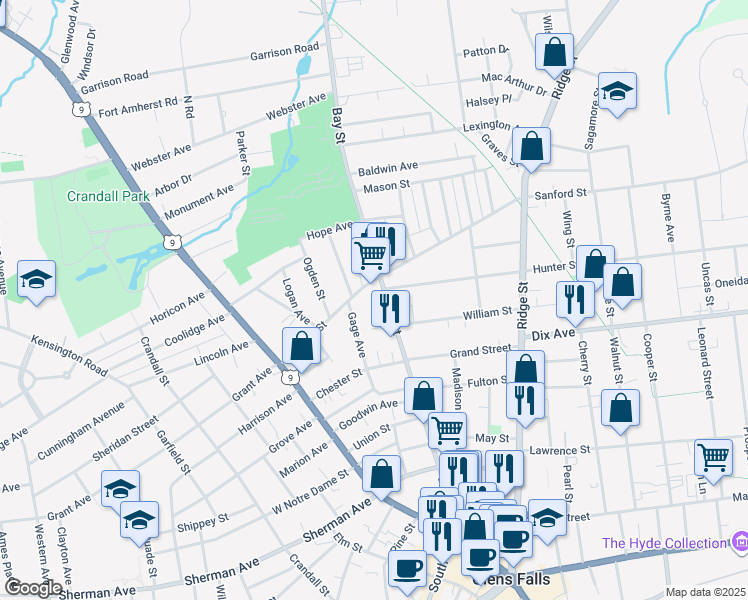 map of restaurants, bars, coffee shops, grocery stores, and more near in Glens Falls