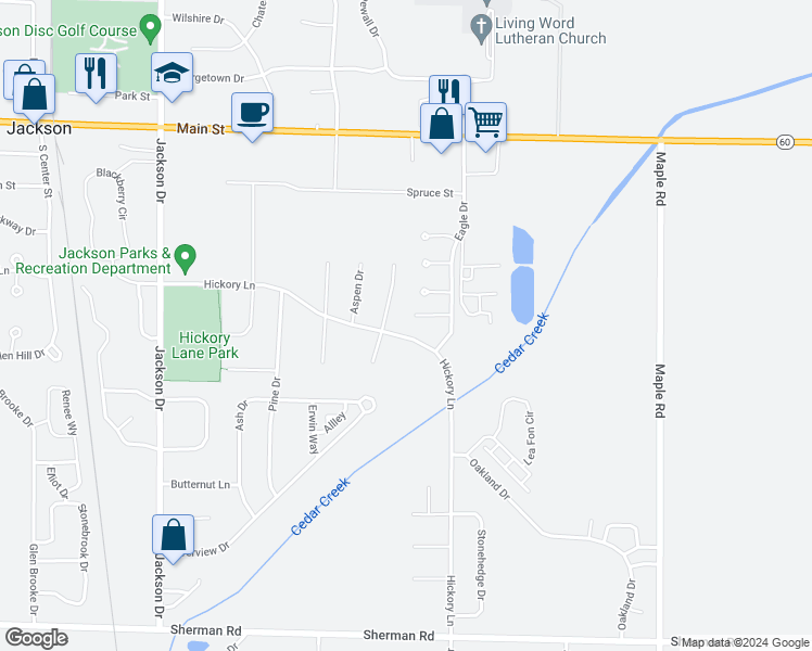 map of restaurants, bars, coffee shops, grocery stores, and more near N164W19630 Hickory Lane in Jackson