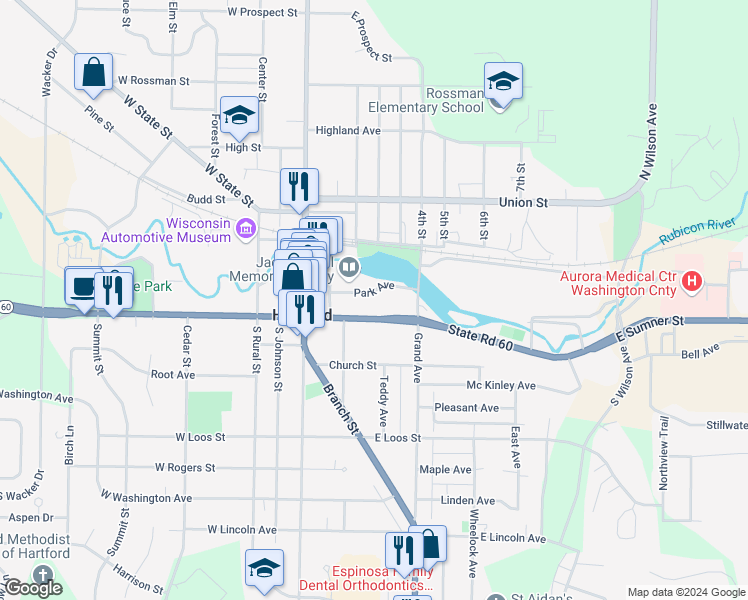 map of restaurants, bars, coffee shops, grocery stores, and more near 211 Park Avenue in Hartford