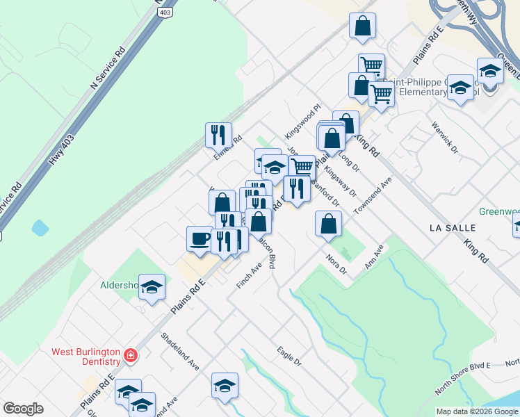 map of restaurants, bars, coffee shops, grocery stores, and more near in Burlington