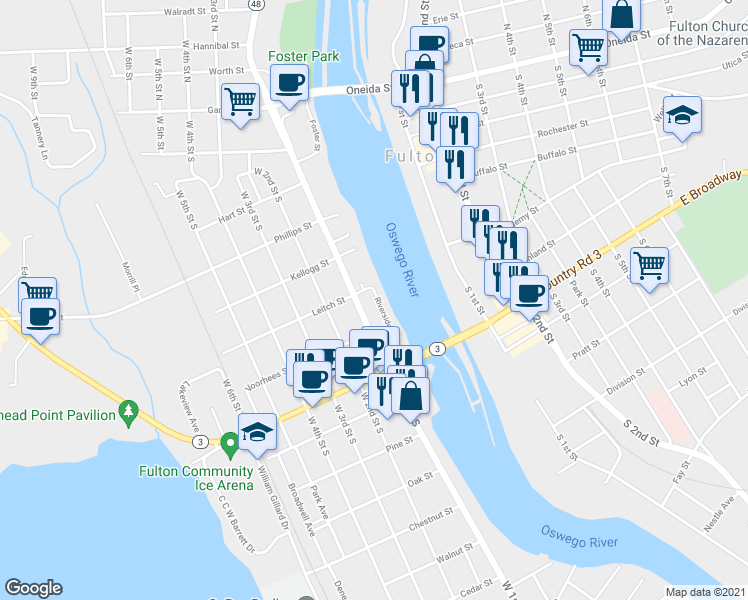 map of restaurants, bars, coffee shops, grocery stores, and more near 208 Riverside Avenue in Fulton