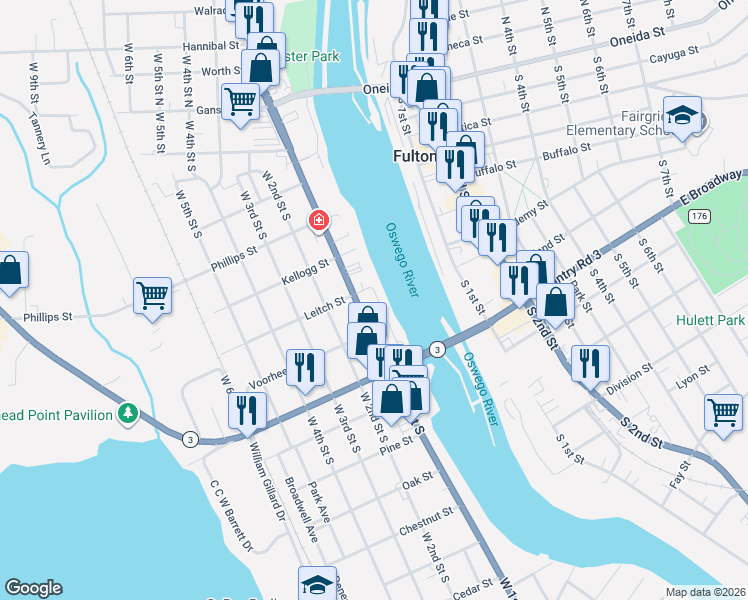 map of restaurants, bars, coffee shops, grocery stores, and more near 208 Riverside Avenue in Fulton