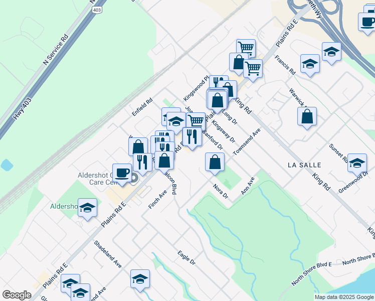 map of restaurants, bars, coffee shops, grocery stores, and more near 490 Plains Road East in Burlington