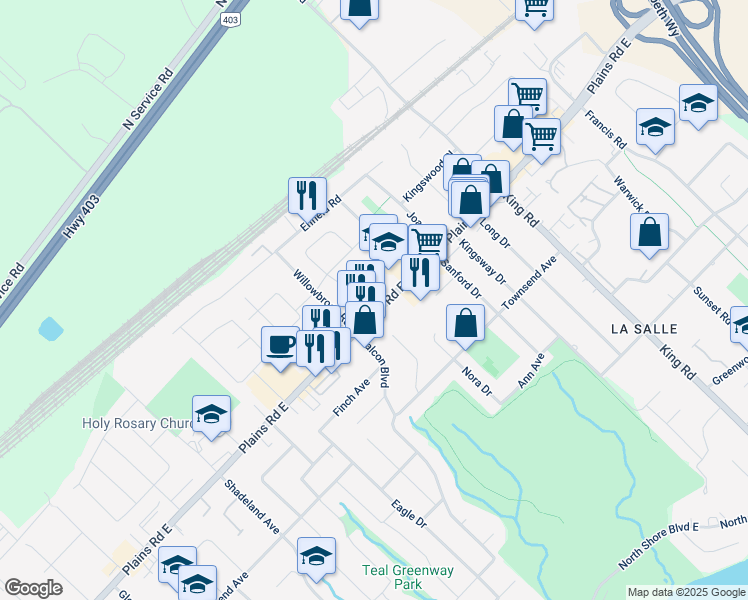map of restaurants, bars, coffee shops, grocery stores, and more near 457 Plains Road East in Burlington