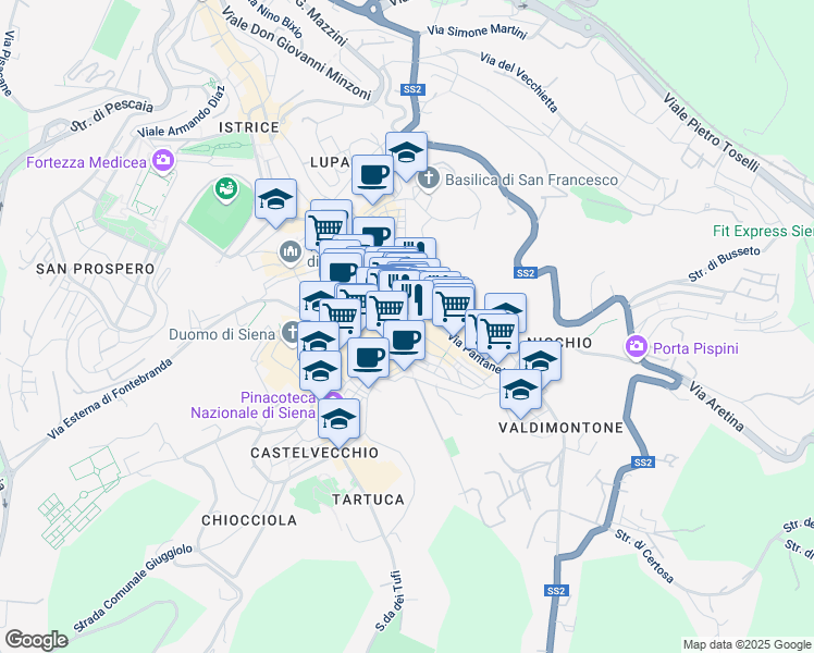 map of restaurants, bars, coffee shops, grocery stores, and more near 31 Via Pantaneto in Siena
