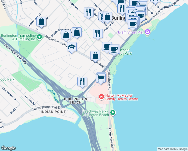 map of restaurants, bars, coffee shops, grocery stores, and more near 1237 North Shore Boulevard East in Burlington