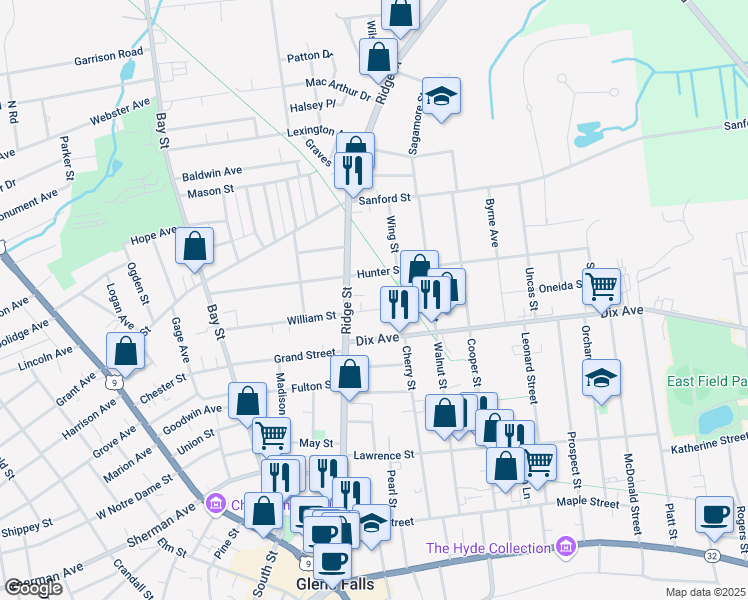 map of restaurants, bars, coffee shops, grocery stores, and more near 14 Lawton Avenue in Glens Falls
