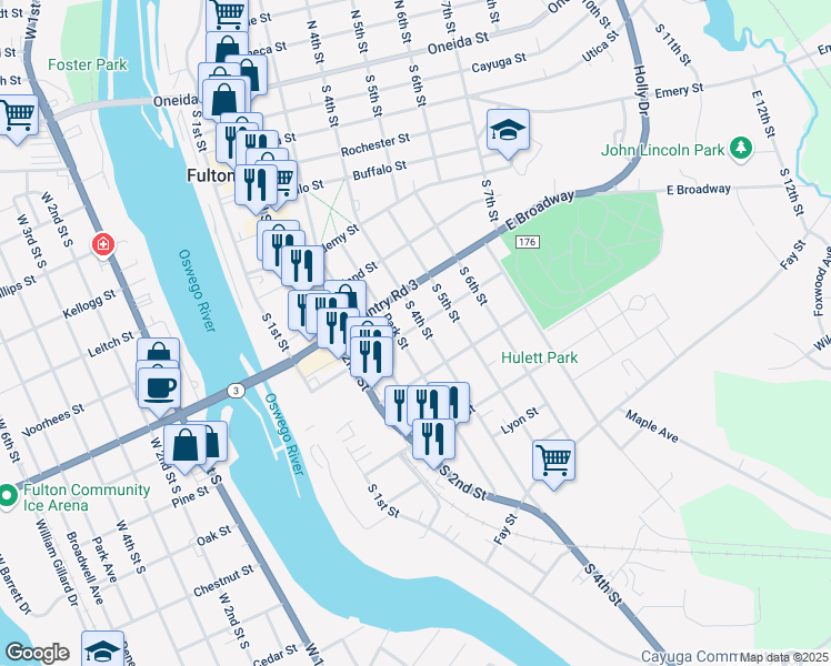 map of restaurants, bars, coffee shops, grocery stores, and more near 353 South 4th Street in Fulton