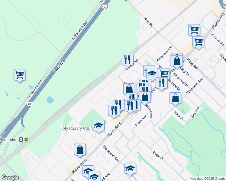 map of restaurants, bars, coffee shops, grocery stores, and more near 389 Dorchester Crescent in Burlington