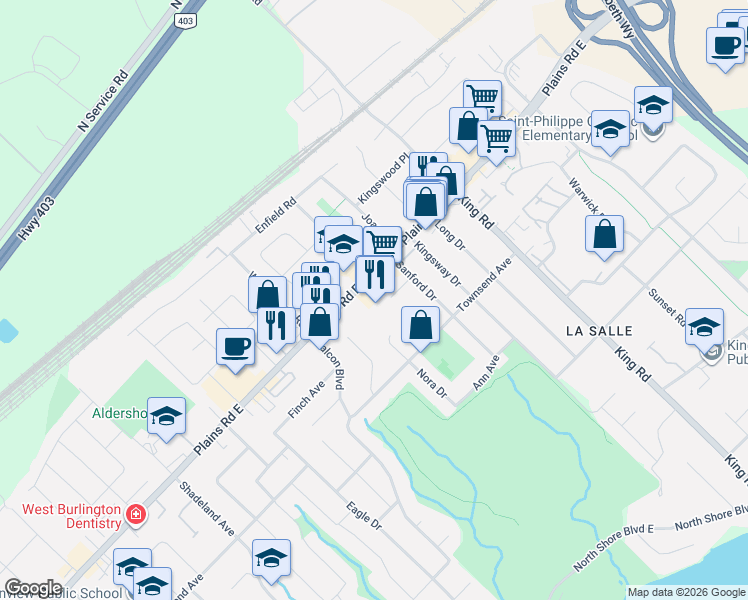 map of restaurants, bars, coffee shops, grocery stores, and more near 500 Plains Road East in Burlington