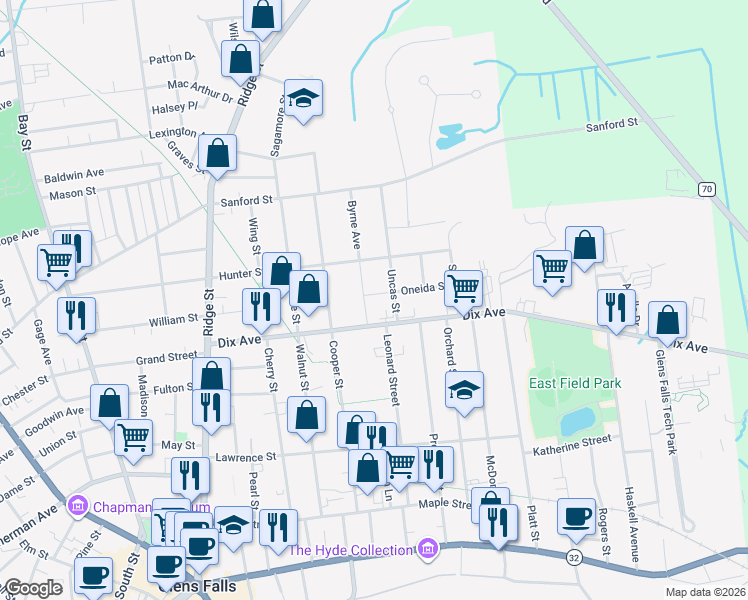 map of restaurants, bars, coffee shops, grocery stores, and more near 11 Byrne Avenue in Glens Falls