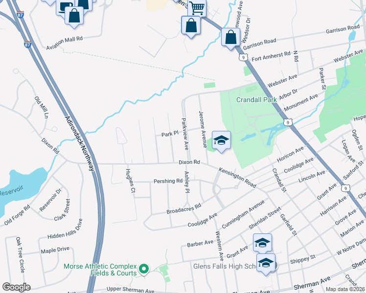 map of restaurants, bars, coffee shops, grocery stores, and more near 12 ParkView Avenue in West Glens Falls