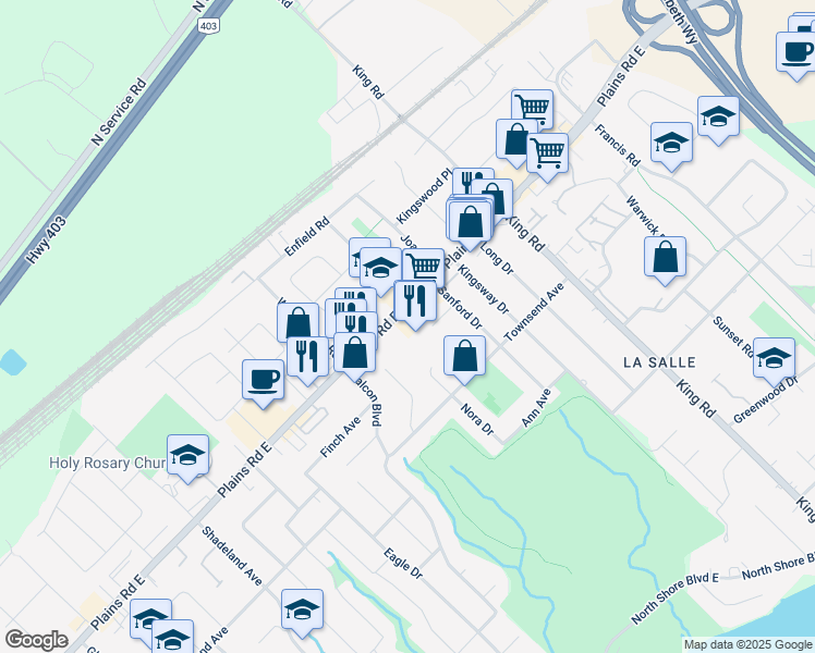 map of restaurants, bars, coffee shops, grocery stores, and more near 484 Plains Road East in Burlington