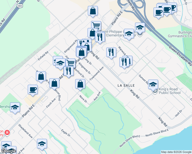 map of restaurants, bars, coffee shops, grocery stores, and more near 913 Kingsway Drive in Burlington