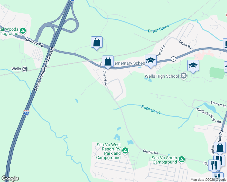 map of restaurants, bars, coffee shops, grocery stores, and more near 441 Chapel Road in Wells
