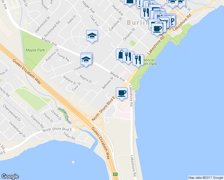 map of restaurants, bars, coffee shops, grocery stores, and more near 1222 Bellview Street in Burlington