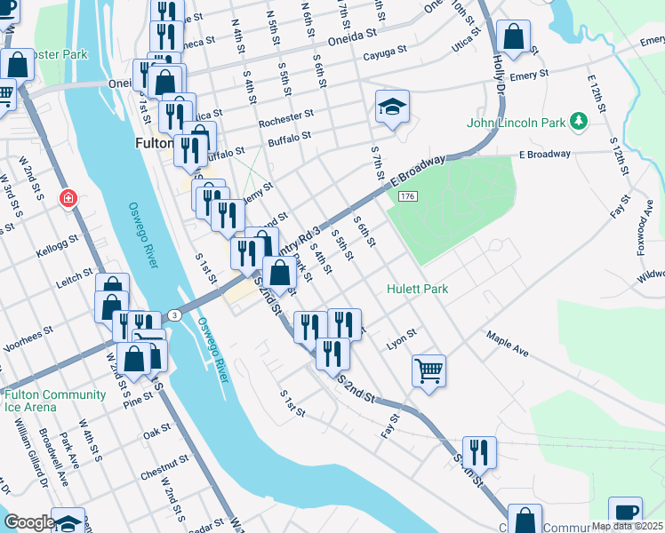 map of restaurants, bars, coffee shops, grocery stores, and more near 353 South 4th Street in Fulton